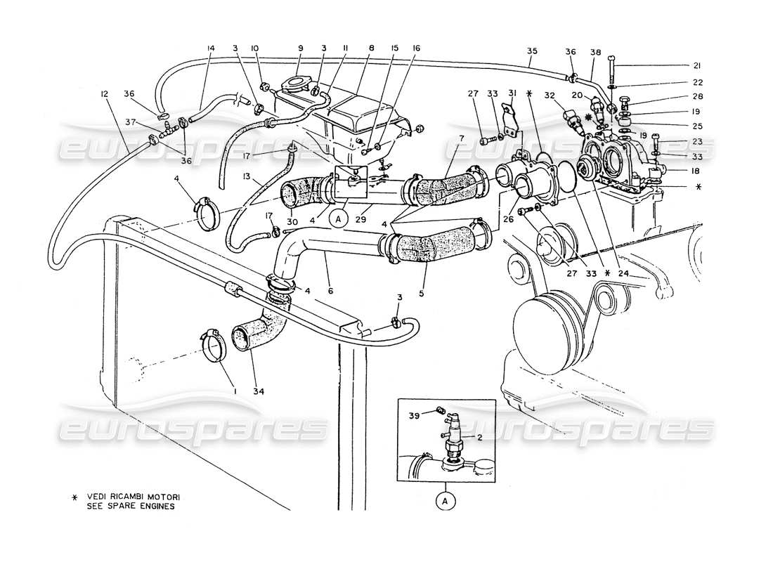 Maserati Ghibli 2.8 (sans ABS) Thermostat de refroidissement du moteur. Botte Schéma des pièces