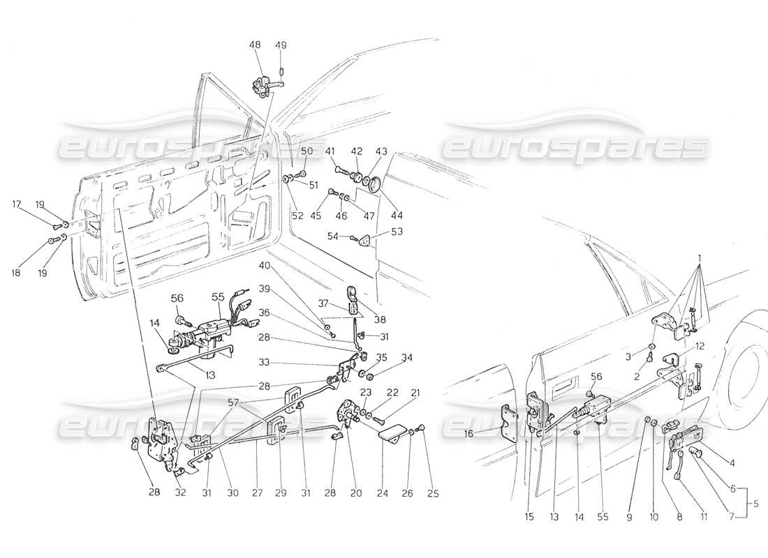 Maserati Biturbo Spider Portes : charnières et commandes intérieures Diagramme de pièce