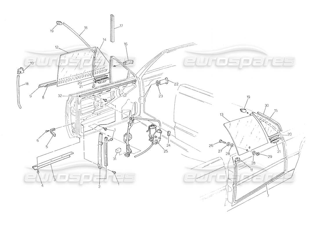 Maserati Biturbo Spider Portes-Fenêtres et Régulateurs Diagramme de pièce