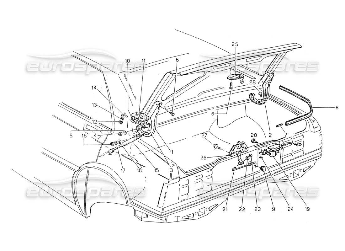 Maserati 418 / 4.24v / 430 Couvercle de coffre, charnières et commandes d'ouverture Diagramme de pièce