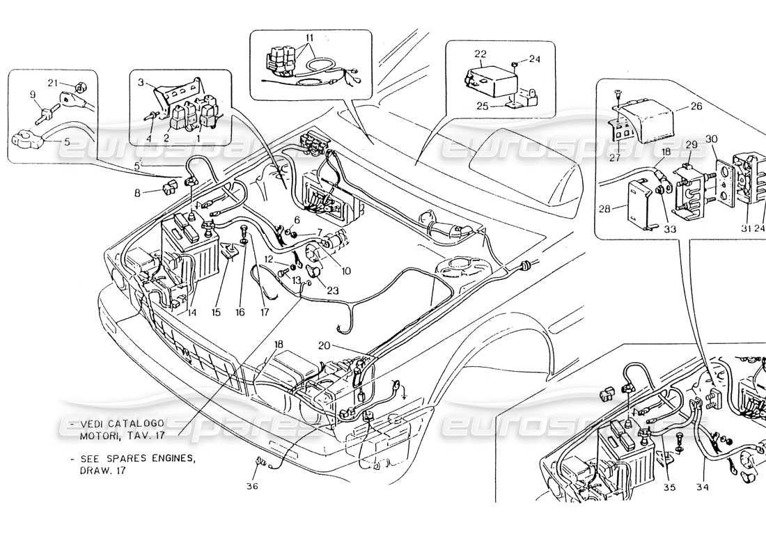 Maserati 418 / 4.24v / 430 Compartiment moteur. Electr. Système, direction gauche. Diagramme de pièce