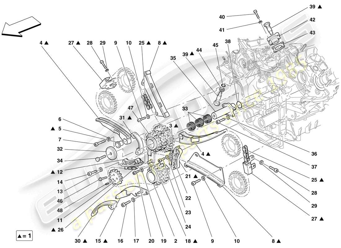 Ferrari F430 Scuderia Spider 16M (à droite) SYSTÈME DE DISTRIBUTION - ENTRAÎNEMENT Schéma des pièces