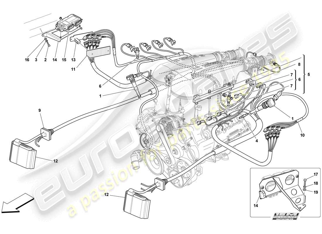 Ferrari F430 Scuderia Spider 16M (à droite) INJECTION - SYSTÈME D'ALLUMAGE Schéma des pièces