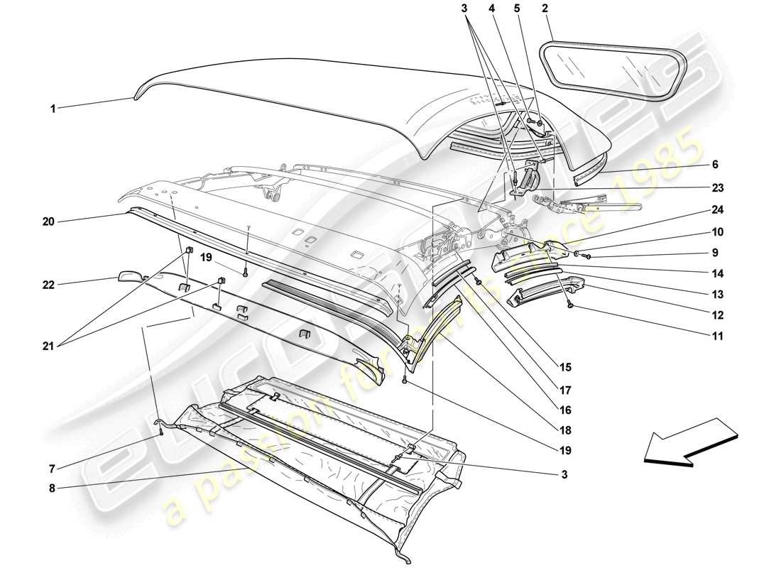 Ferrari F430 Scuderia Spider 16M (à droite) TOILE DE TOIT - JOINTS - MOULURES Schéma des pièces