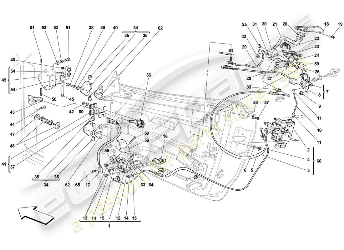 Ferrari F430 Scuderia Spider 16M (à droite) PORTES - MÉCANISME D'OUVERTURE ET CHARNIÈRES Schéma des pièces