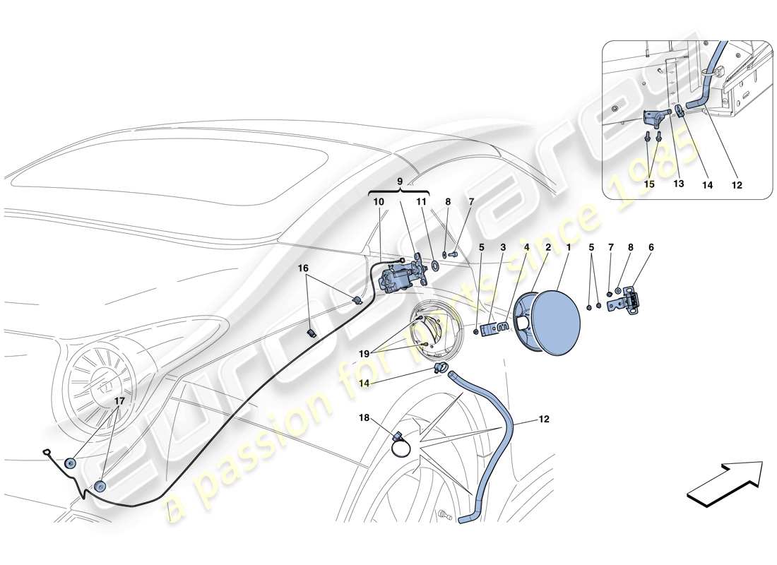 Ferrari California T (à droite) TRAPPE DE REMPLISSAGE DE CARBURANT ET COMMANDES Schéma des pièces