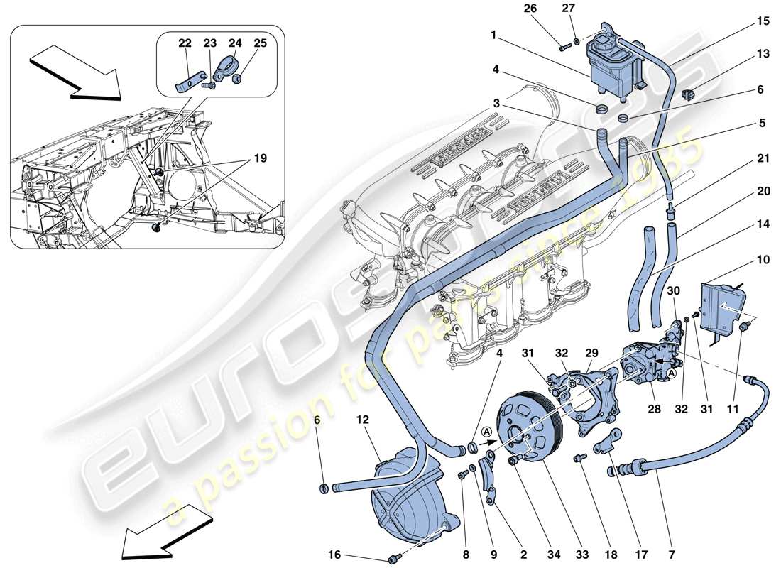 Ferrari 458 Ouverture spéciale (RHD) POMPE ET RÉSERVOIR DE DIRECTION ASSISTÉE Schéma des pièces