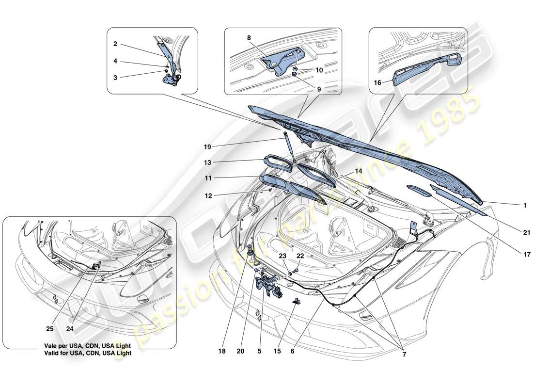 Ferrari 458 Ouverture spéciale (RHD) COUVERCLE AVANT ET MÉCANISME D'OUVERTURE Schéma des pièces