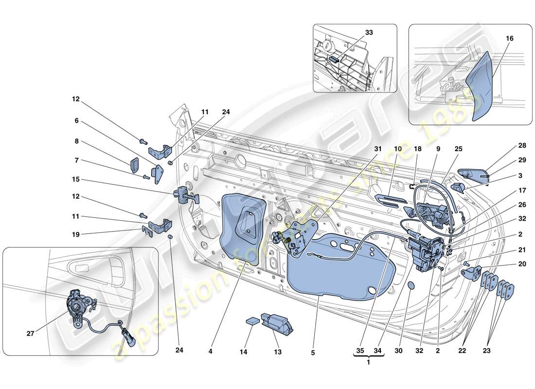 Ferrari 458 Ouverture spéciale (RHD) PORTES - MÉCANISMES D'OUVERTURE ET CHARNIÈRES Schéma des pièces