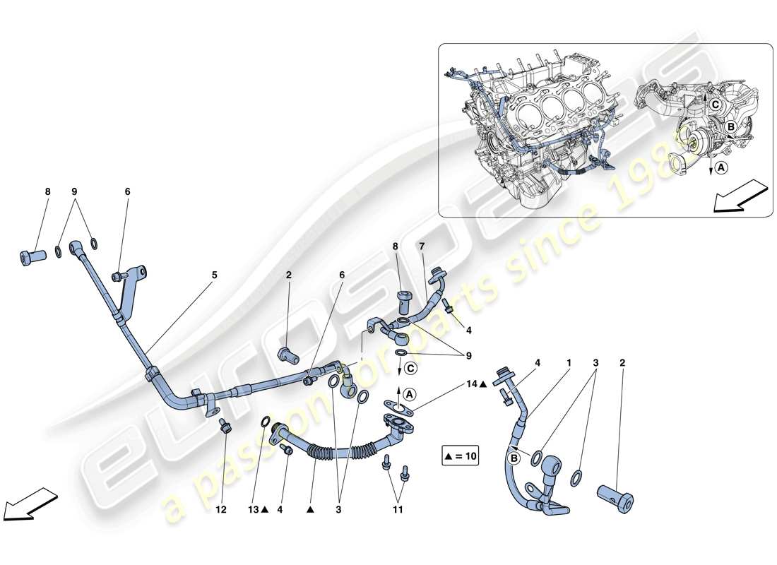 Ferrari GTC4 Lusso T (à droite) REFROIDISSEMENT-LUBRIFICATION POUR SYSTÈME DE TURBOCOMPRESSION Schéma des pièces