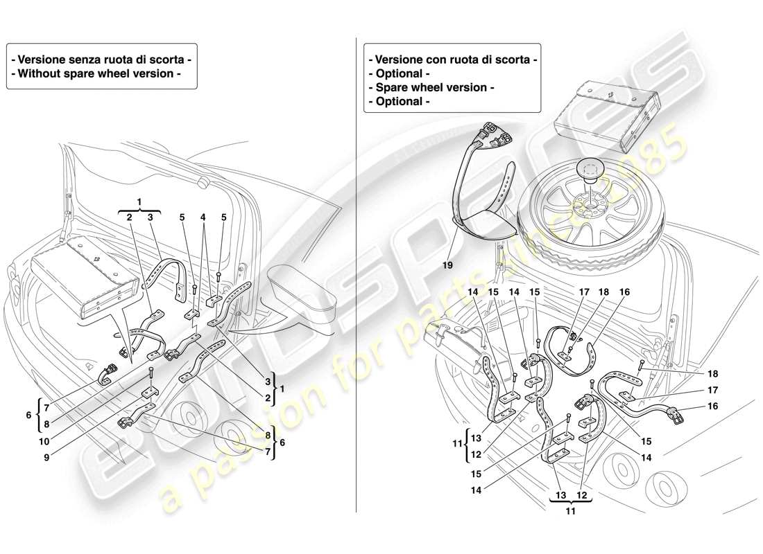 Ferrari 612 Sessanta (Europe) ATTACHES DE ROUE DE SECOURS ET DE SAC À OUTILS Schéma des pièces