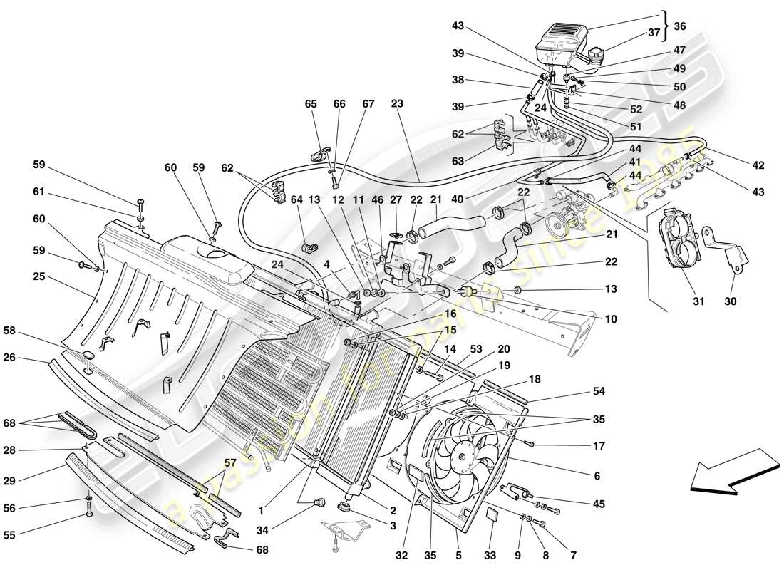Ferrari 612 Sessanta (à droite) SYSTÈME DE REFROIDISSEMENT - RADIATEUR ET RÉSERVOIR COLLECTEUR Schéma des pièces