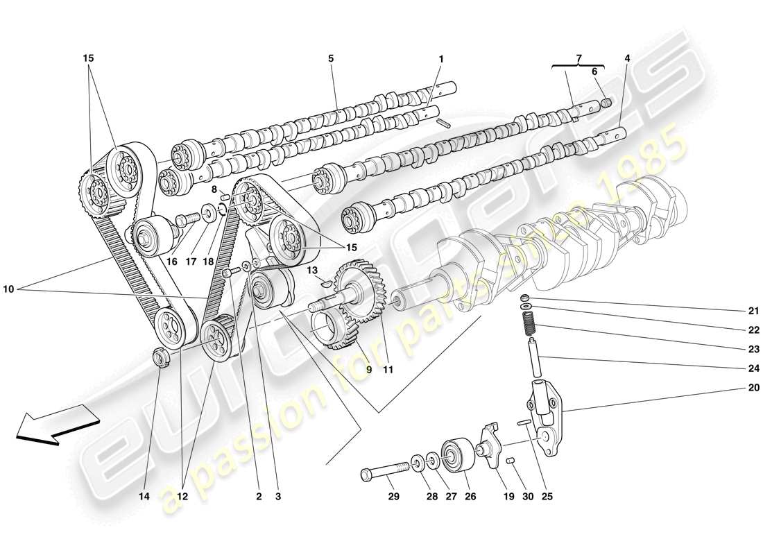 Ferrari 612 Sessanta (États-Unis) SYSTÈME DE DISTRIBUTION - ENTRAÎNEMENT Schéma des pièces