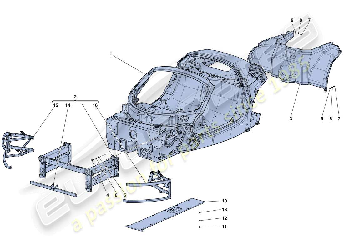 Ferrari LaFerrari Aperta (États-Unis) BAIGNOIRE MONOCOQUE - SOUS-CHÂSSIS AVANT - PLATEAU CENTRAL PLAT Schéma des pièces