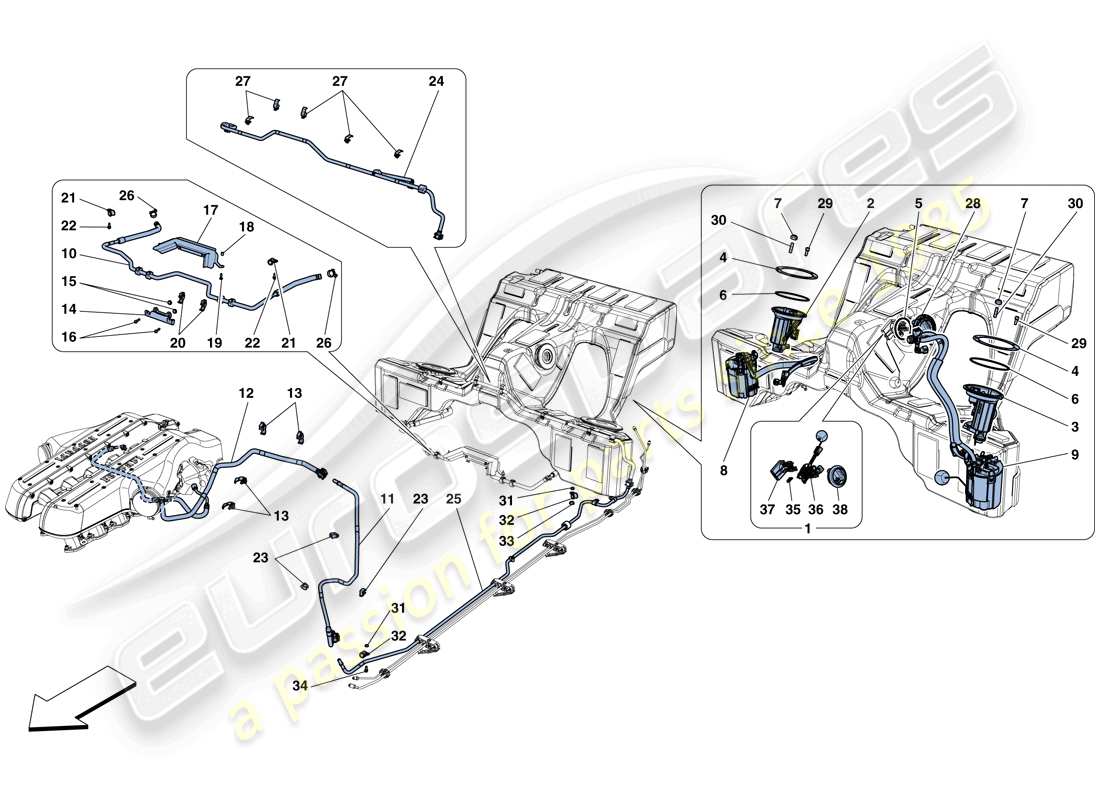Ferrari GTC4 Lusso (États-Unis) POMPES ET TUYAUX DU SYSTÈME DE CARBURANT Schéma des pièces