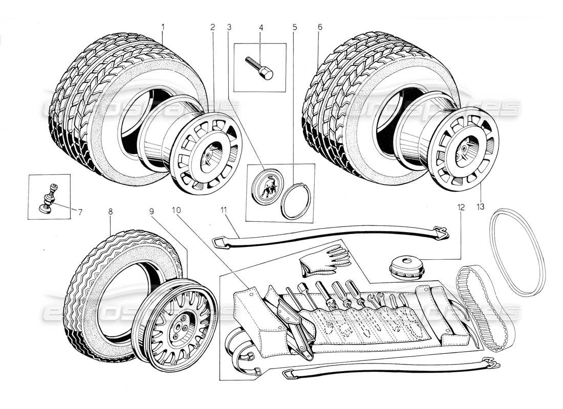 Lamborghini Jalpa 3.5 (1984) Trousse à outils, pneus et jantes Schéma des pièces