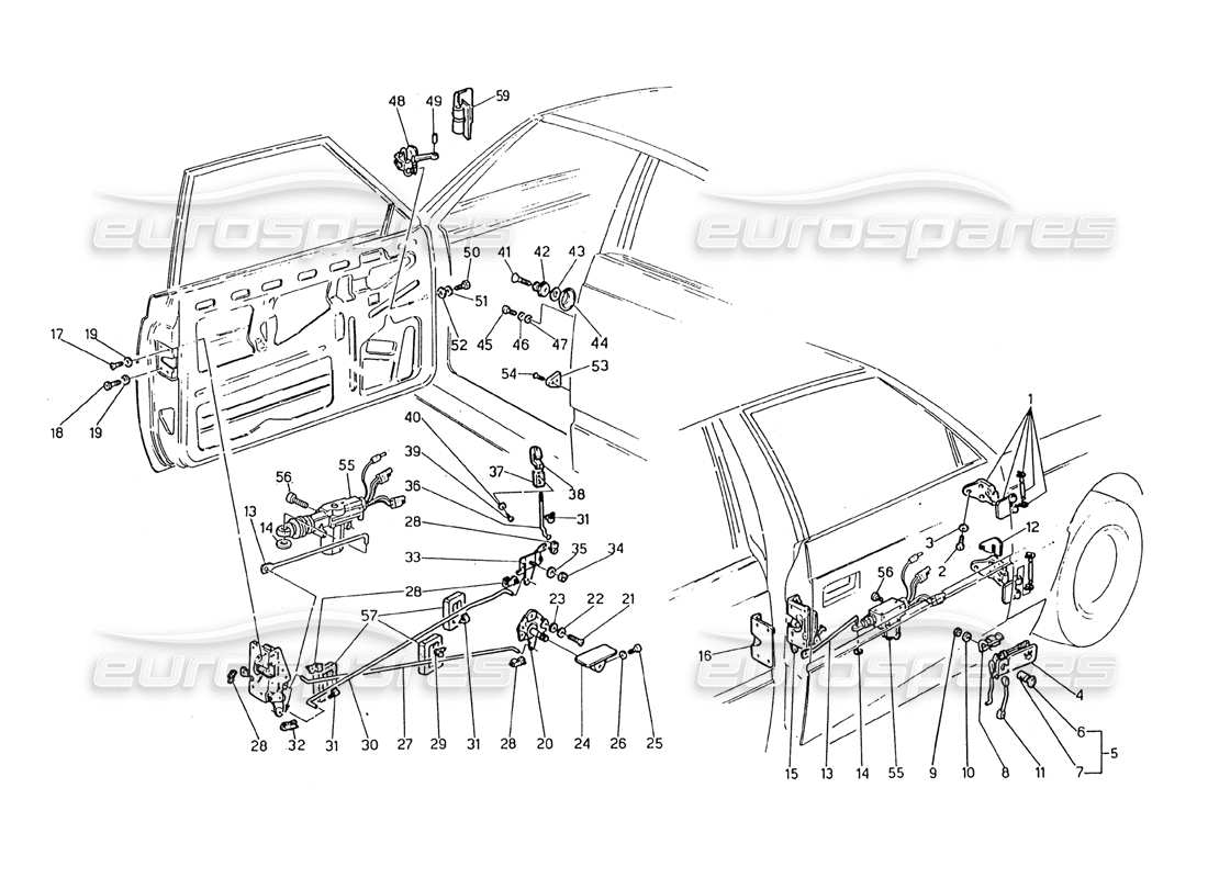 Maserati 2.24v Portes : charnières et commandes intérieures Schéma des pièces