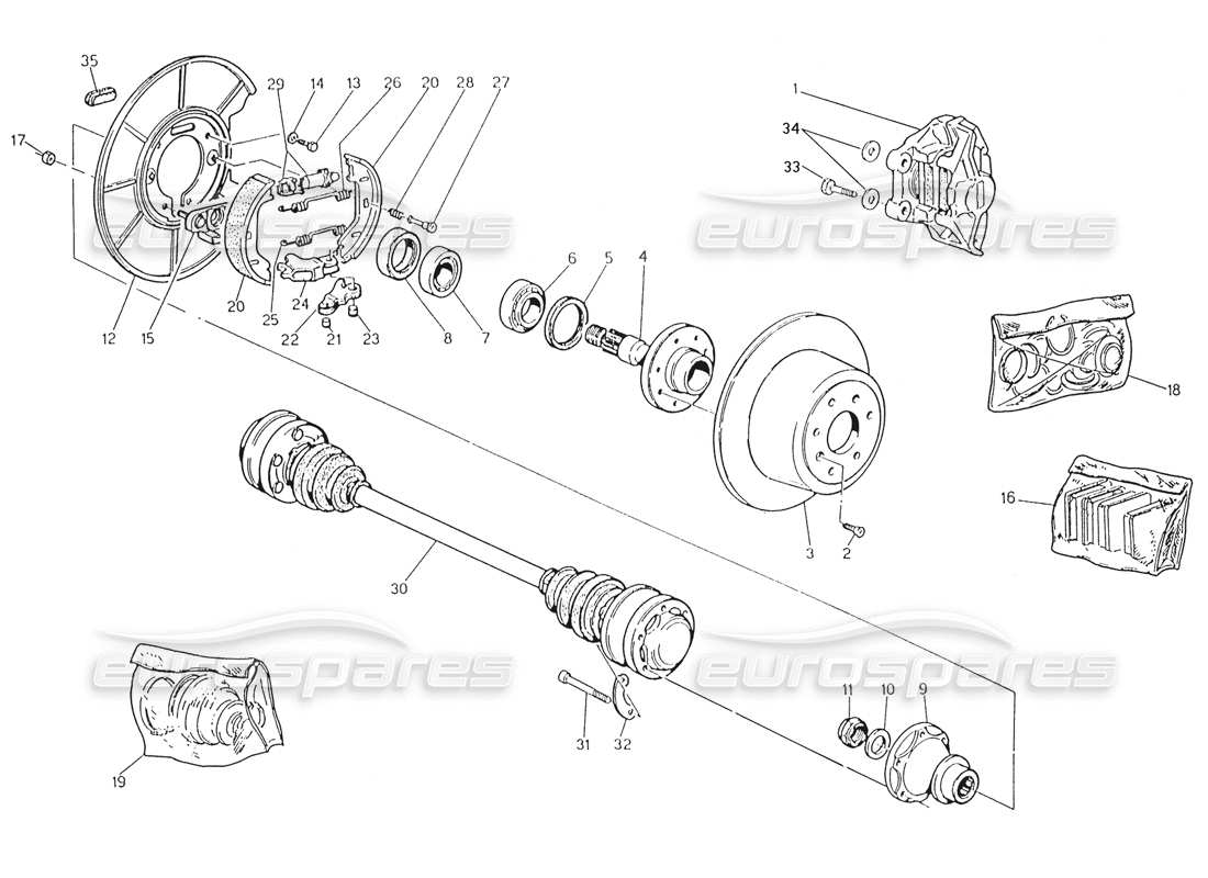 Maserati Karif 2.8 Moyeux, freins arrière et arbres de transmission Diagramme de pièce