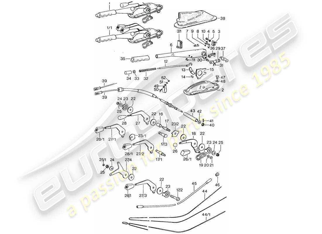 Porsche 911 (1974) LEVIER DE COMMANDE - FREIN À MAIN - ACCÉLÉRATEUR MANUEL Diagramme de pièce