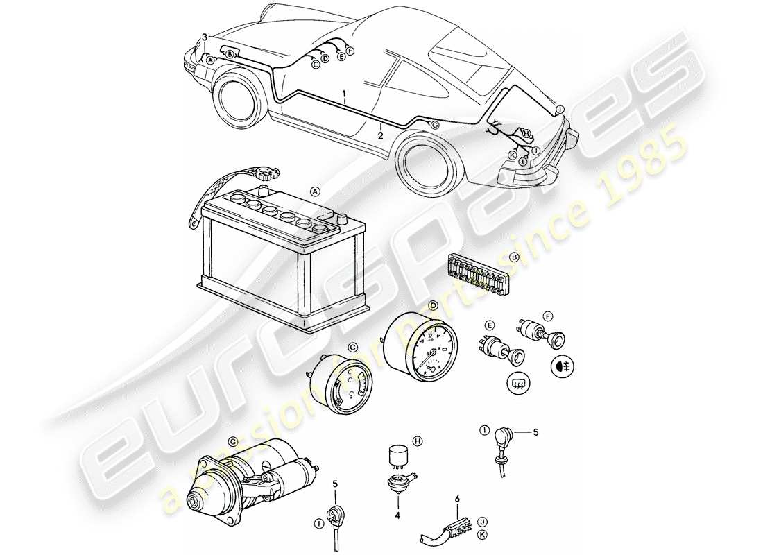 Porsche 911 (1984) FAISCEAU DE FILS - HABITACLE - CÂBLE DE DÉMARRAGE DE BATTERIE - PLANCHER DU COFFRE À BAGAGES Diagramme de pièce