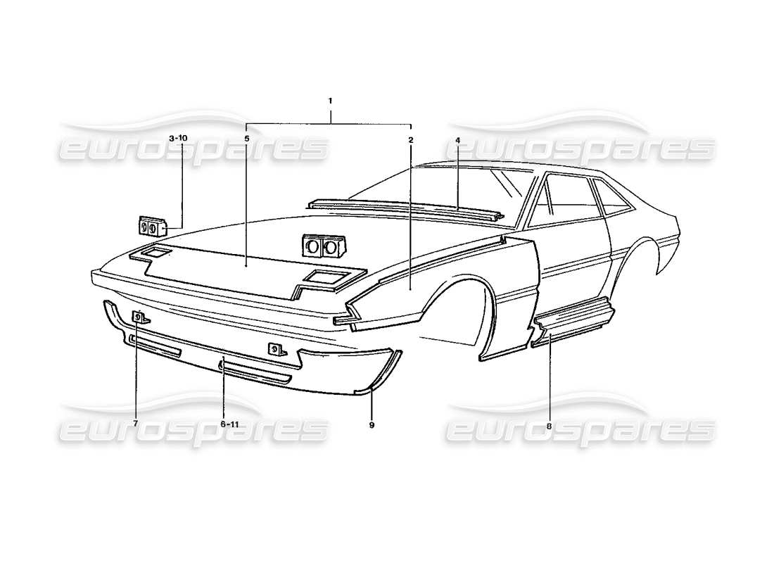 Ferrari 400 GT / 400i (carrosserie) Panneaux de carrosserie avant Schéma des pièces