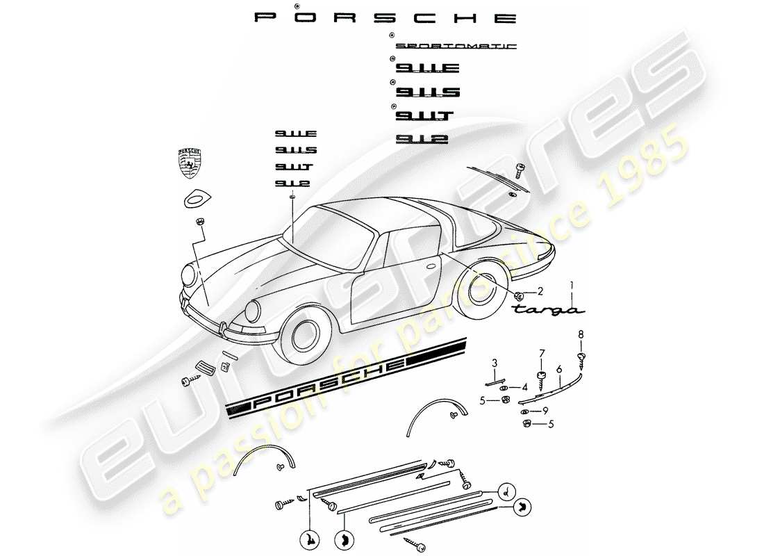 Porsche 911/912 (1965) ÉQUIPEMENTS DÉCORATIFS Diagramme de pièce