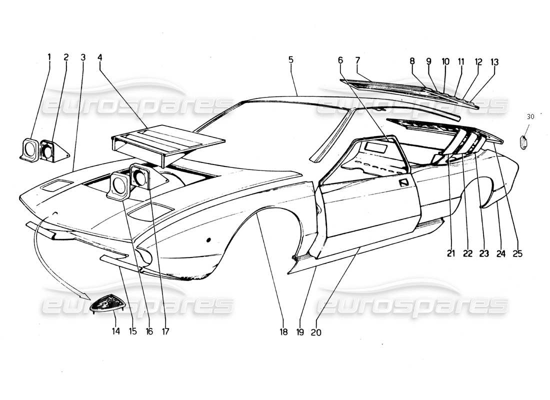 Lamborghini Urraco P250 / P250S Composants du revêtement extérieur Diagramme de pièce