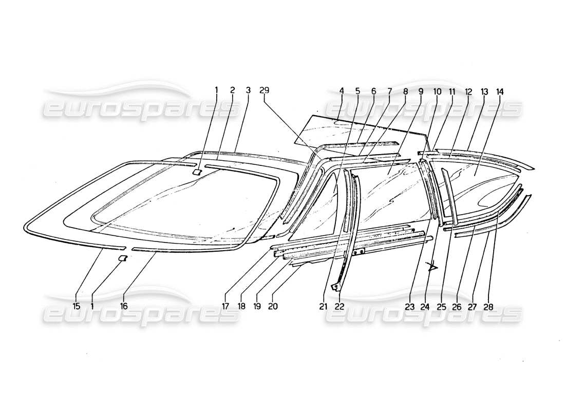 Lamborghini Urraco P250 / P250S Lunettes, pare-brise et lunettes latérales Diagramme de pièce