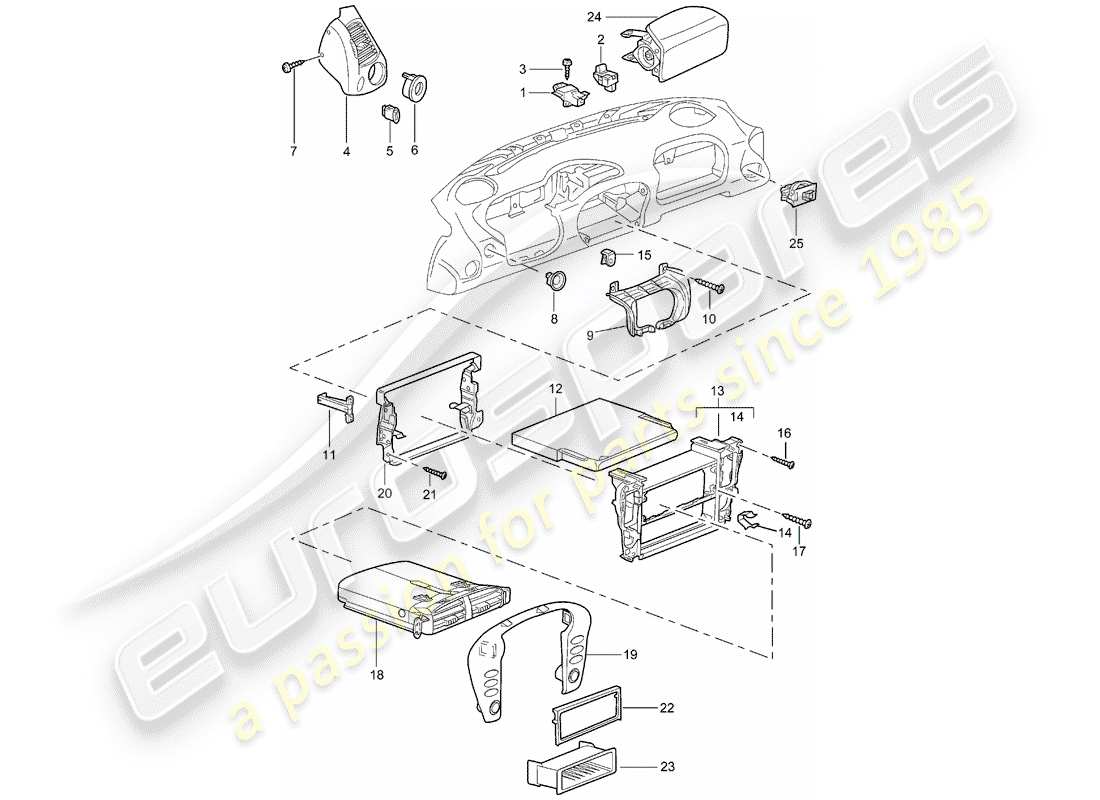 Porsche Boxster 986 (1998) ACCESSOIRES - GARNITURE DE TABLEAU DE BORD Diagramme de pièce