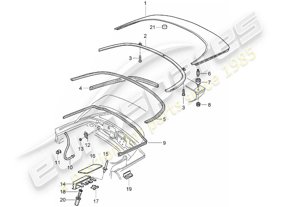 Porsche Boxster 986 (1998) COFFRE DE RANGEMENT SUPÉRIEUR - COUVERCLE - JOINTS Diagramme de pièce