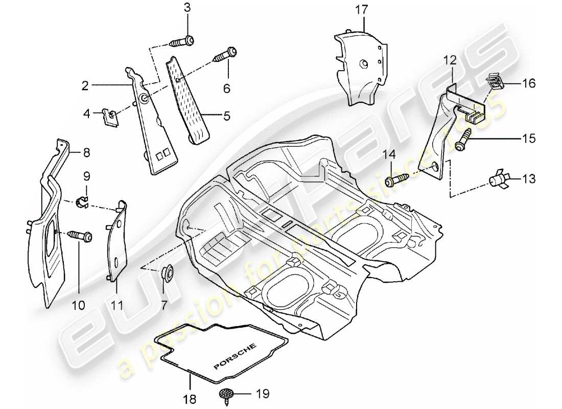Porsche Boxster 986 (1999) EQUIPEMENT INTÉRIEUR - REVÊTEMENT DE SOL - GARNITURE Diagramme de pièce