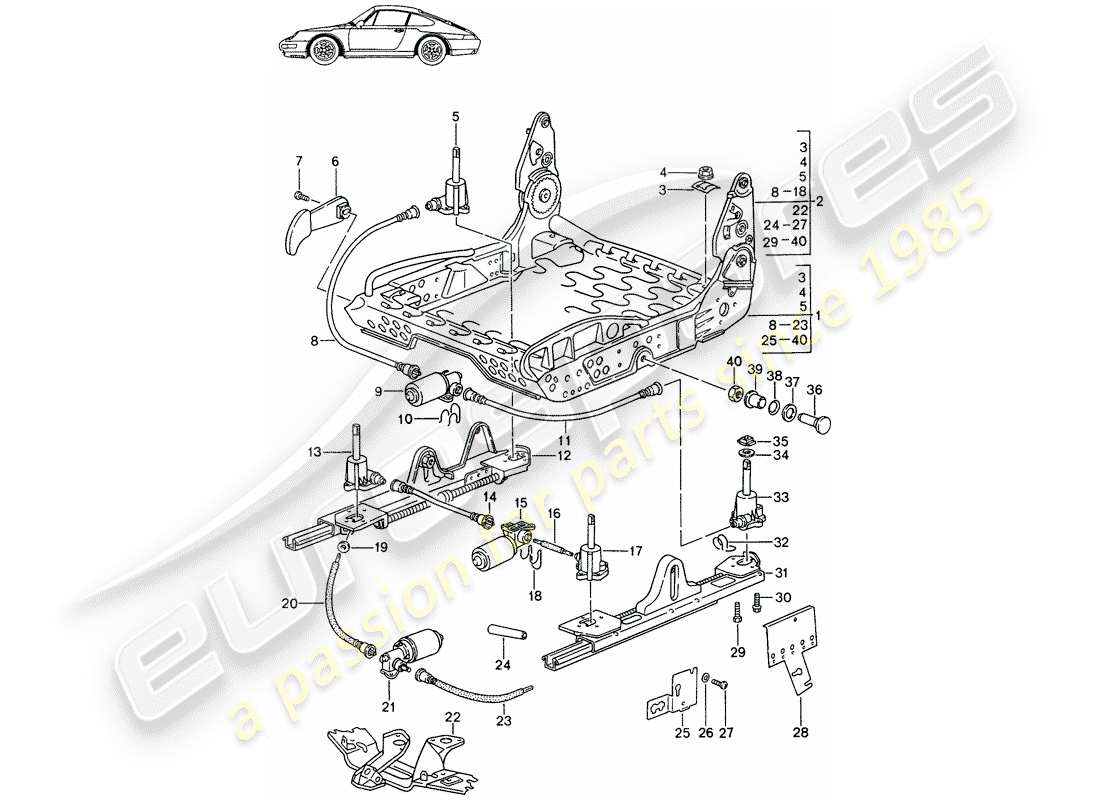 Porsche Seat 944/968/911/928 (1990) CADRE POUR SIÈGE - POUR - SIÈGE CONFORT - ET - SIÈGE STANDARD - AVEC : - ÉLECT. RÉGLAGE VERTICAL - D - MJ 1994>> - MJ 1998 Schéma des pièces