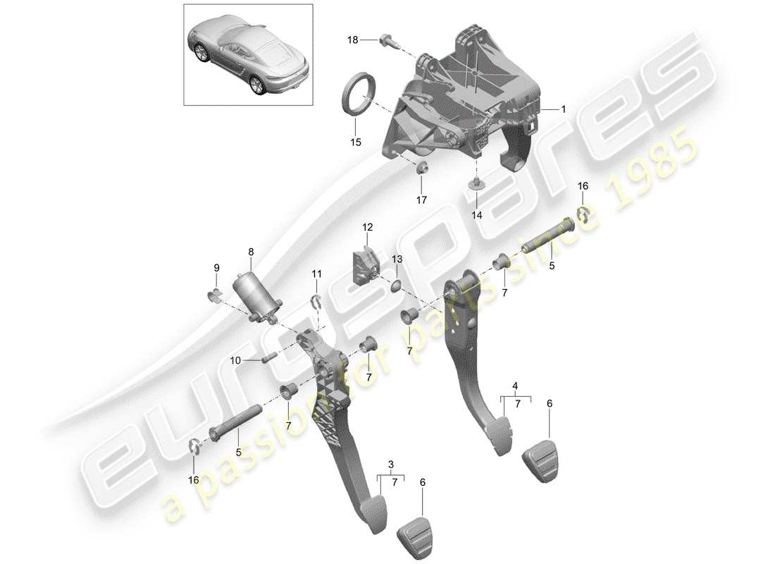 Porsche 718 Cayman (2019) frein et acc. ensemble de pédales Diagramme de pièce