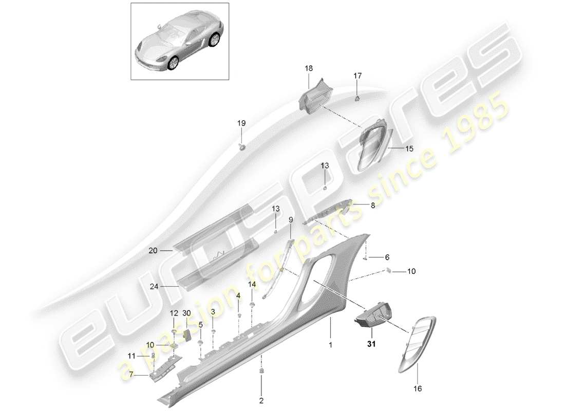 Porsche 718 Cayman (2019) GARNITURE DE LONGERON Diagramme de pièce