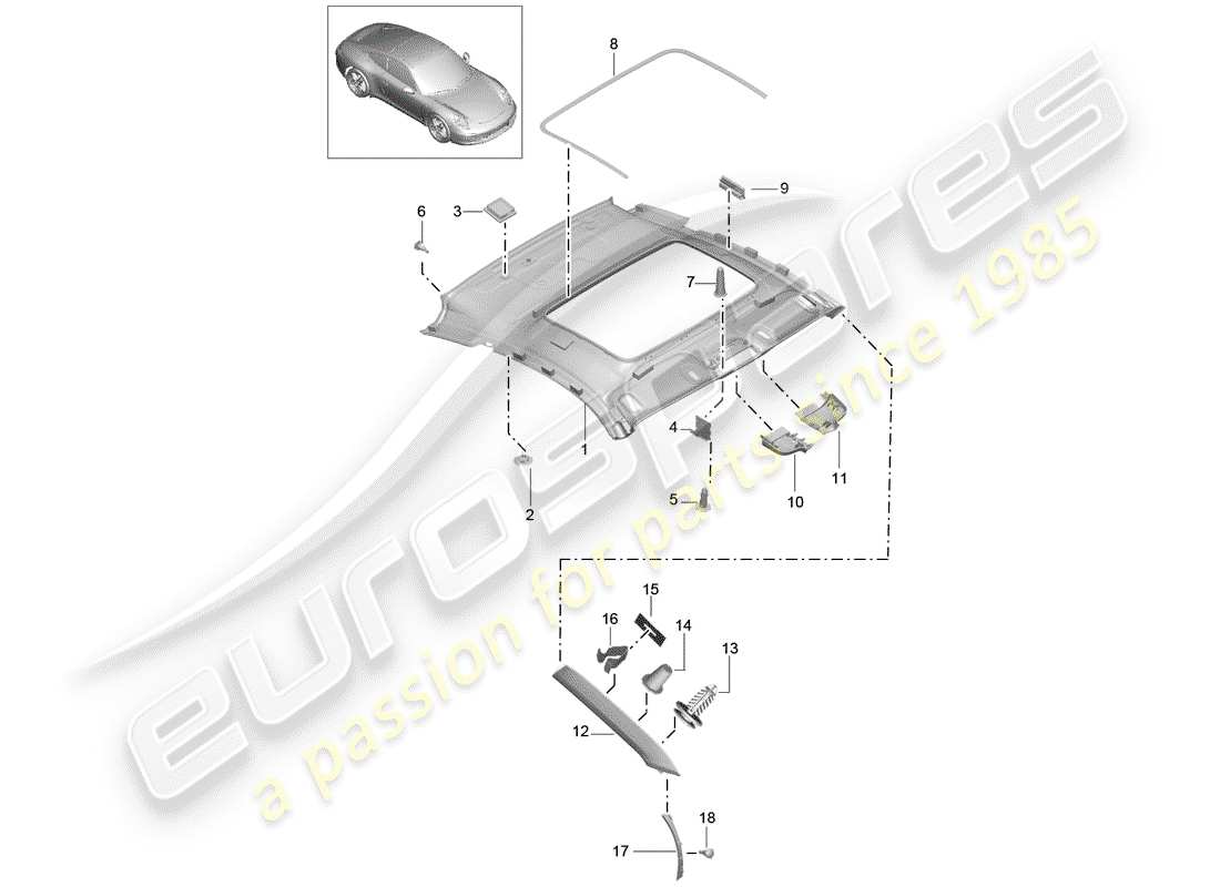 Porsche 991 (2014) panneau de garniture de toit Diagramme de pièce