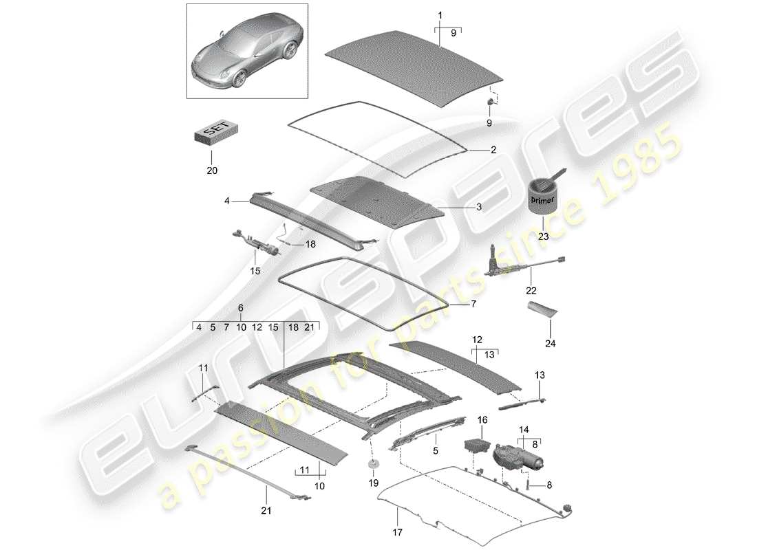 Porsche 991 (2014) toit ouvrant Diagramme de pièce