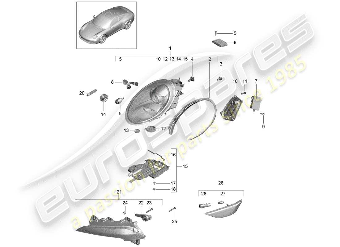 Porsche 991 (2014) lampe frontale Diagramme de pièce