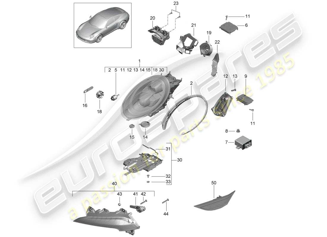 Porsche 991 (2014) lampe frontale Diagramme de pièce