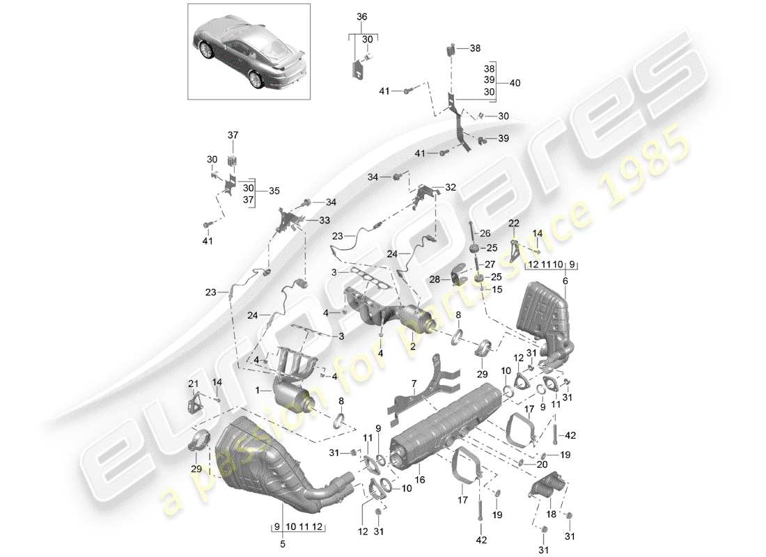 Porsche 991R/GT3/RS (2016) Système d'échappement Diagramme de pièce
