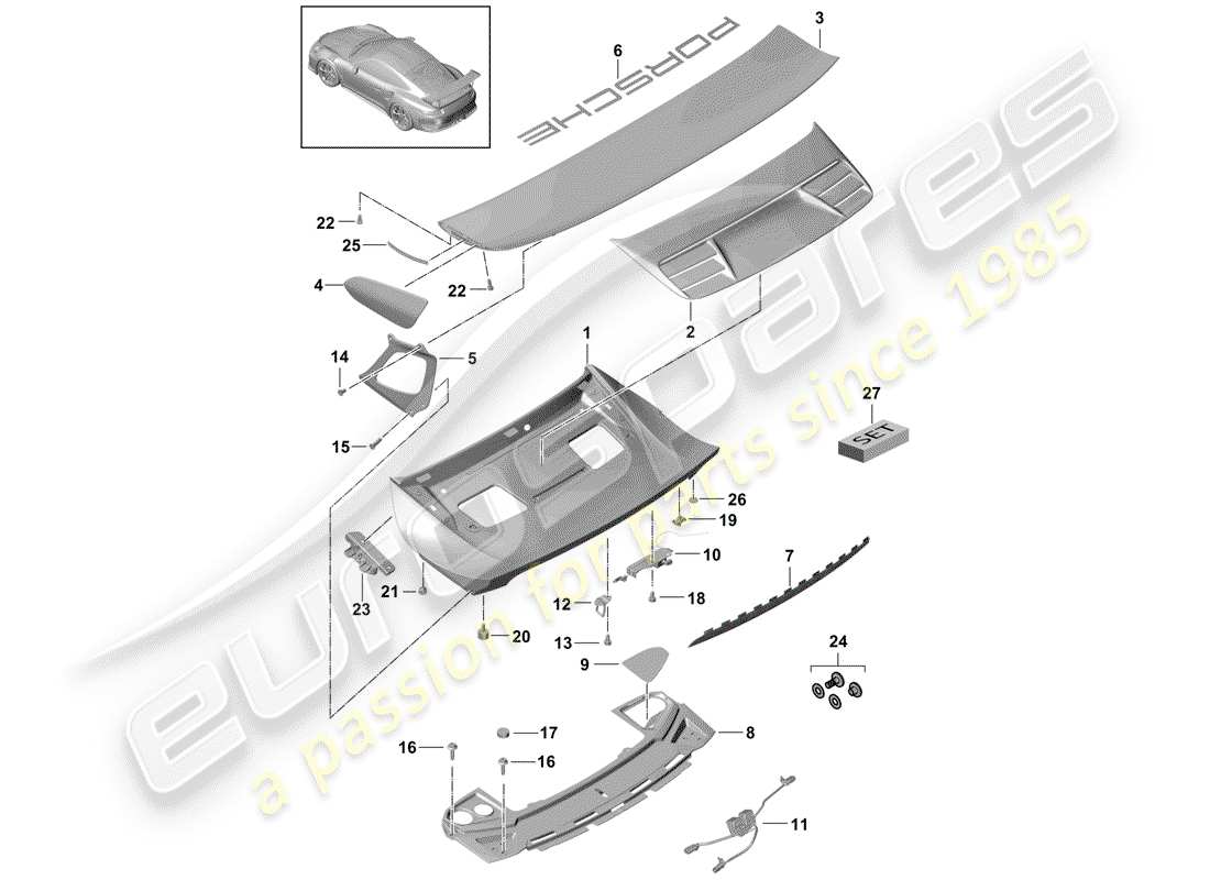 Porsche 991R/GT3/RS (2016) COUVERCLE DE COFFRE ARRIÈRE Diagramme de pièce