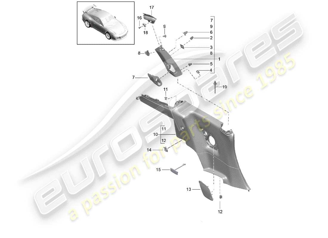 Porsche 991R/GT3/RS (2016) panneau de garniture de custode Diagramme de pièce