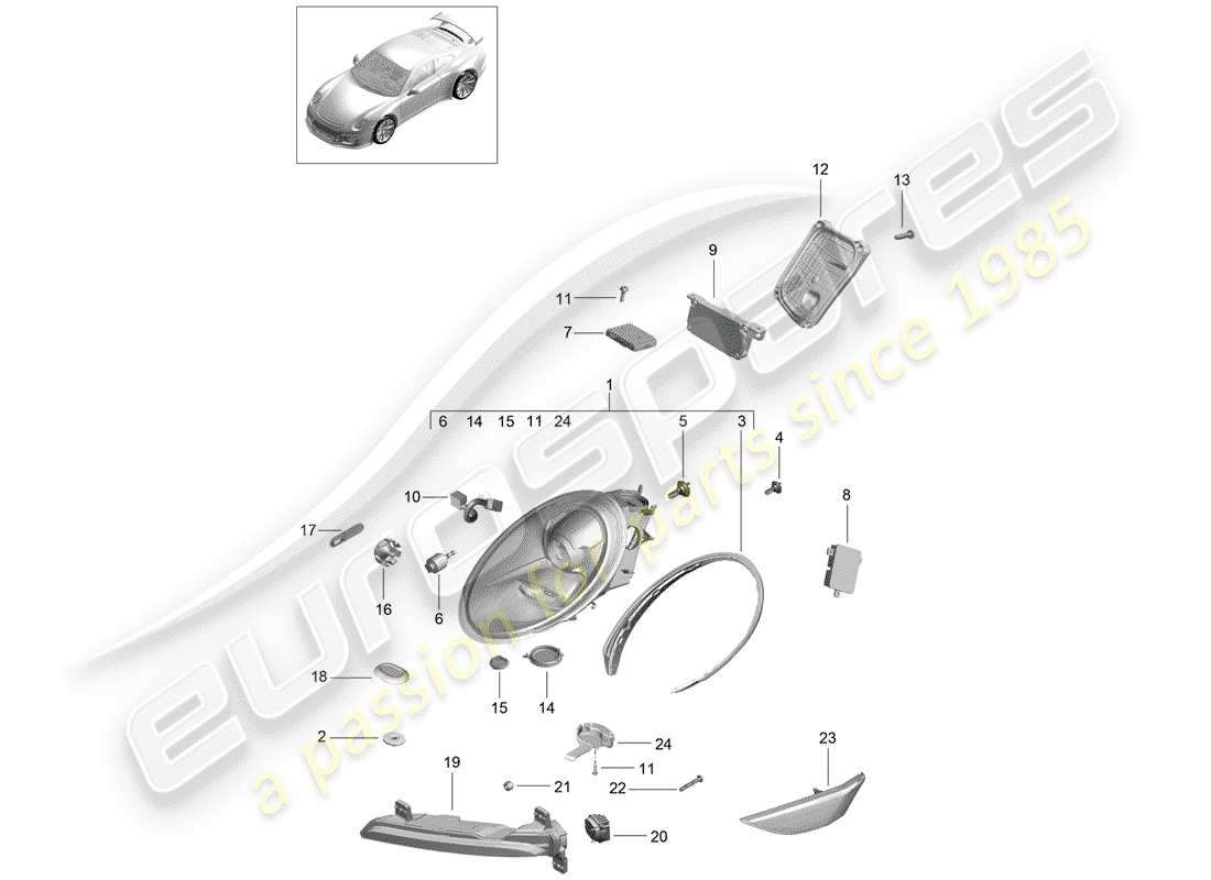 Porsche 991R/GT3/RS (2016) lampe frontale Schéma des pièces