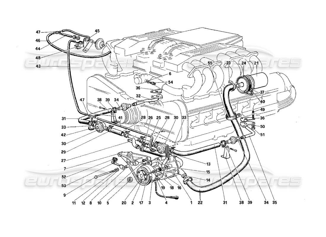 Ferrari Testarossa (1987) Schéma des pièces de la pompe à air secondaire et des conduites (pour la version américaine)