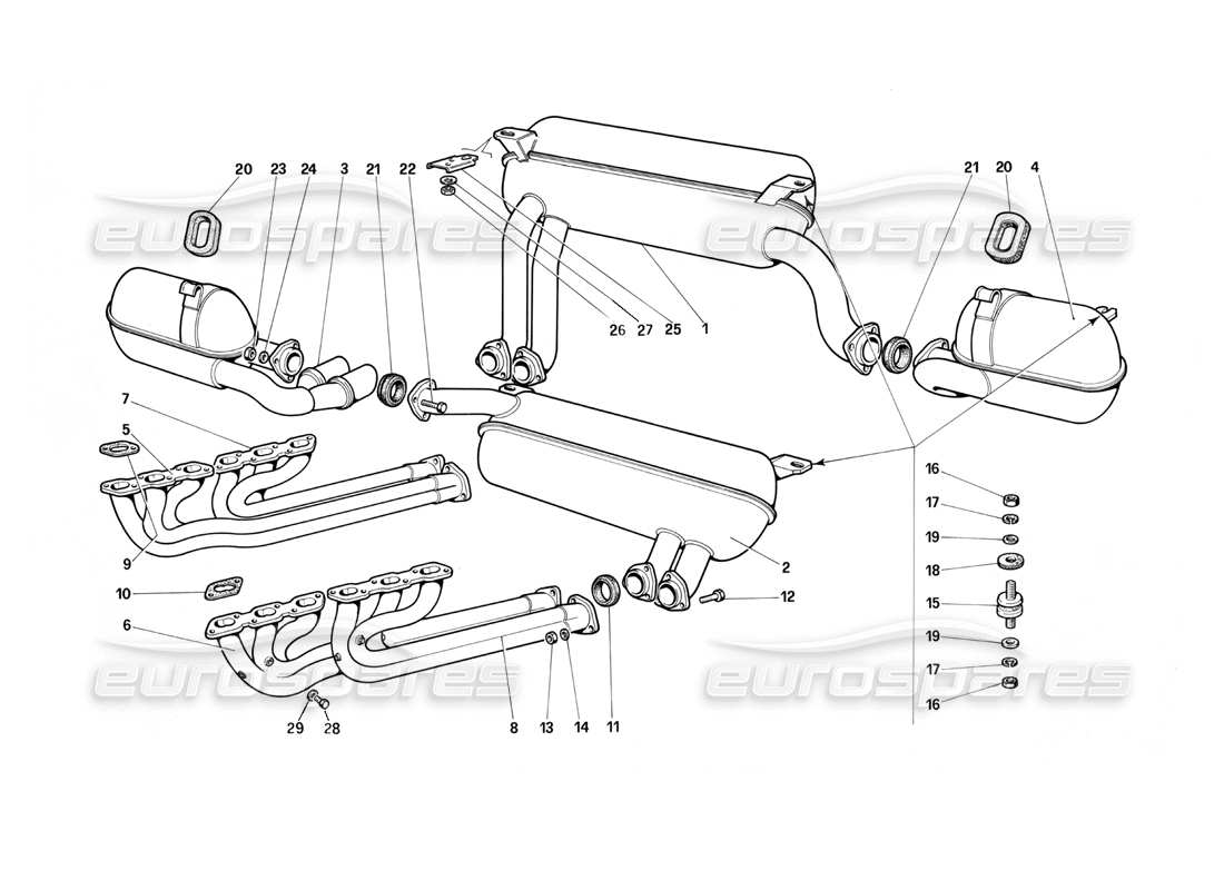 Ferrari Testarossa (1987) Système d'échappement (pas pour US-SA et CH87) Schéma des pièces