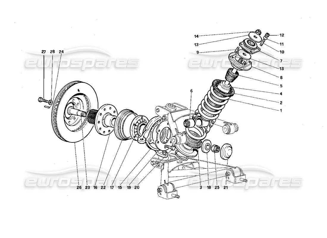 Ferrari Testarossa (1987) Suspension avant - Amortisseur et disque de frein Schéma des pièces
