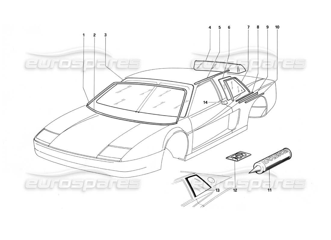 Ferrari Testarossa (1987) les fenêtres Schéma des pièces