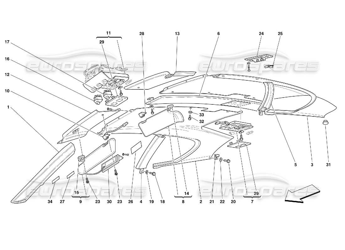 Ferrari 456 GT/GTA Rembourrage et accessoires des panneaux de toit Schéma des pièces