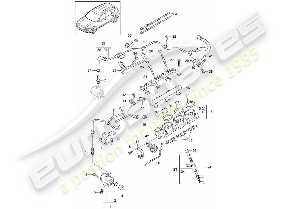 Porsche Cayenne E2 (2015) tuyau de récupération de carburant Diagramme de pièce