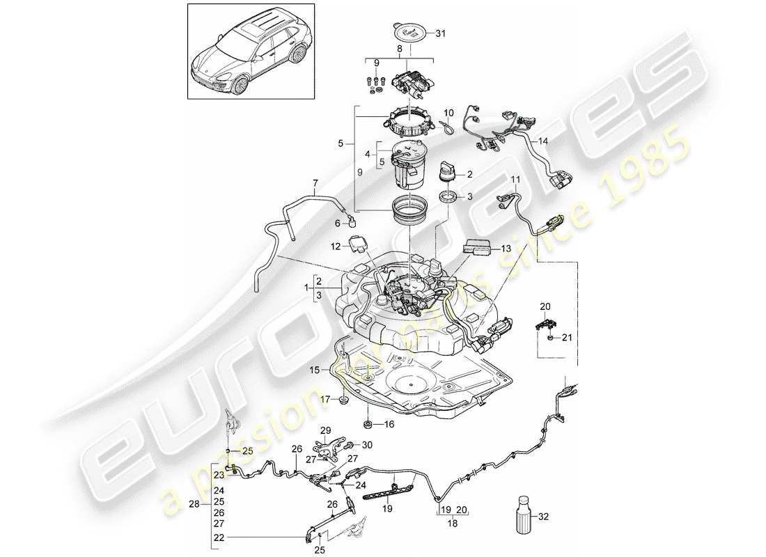 Porsche Cayenne E2 (2015) ex. système de contrôle des émissions Diagramme de pièce