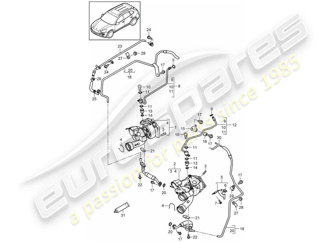 Porsche Cayenne E2 (2015) TURBOCOMPRESSEUR DE GAZ D'ÉCHAPPEMENT Diagramme de pièce